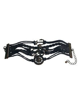 Black Leather Nautical Charm Bracelet Adjustable Anchor Compass Pendant Layered